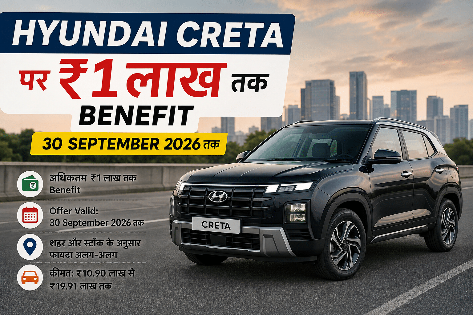 Hyundai Creta पर September में ₹1 लाख तक benefit, लेकिन इसे सीधा ₹1 लाख discount समझना ठीक नहीं
